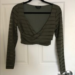 Bebe olive green long sleeve wrap crop top